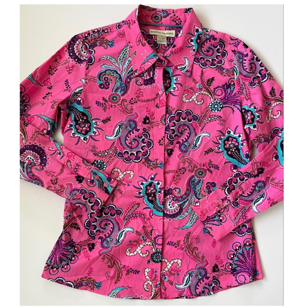 Bamboo Traders Women’s Pink Paisley Button Down Long Sleeve Top Size Large